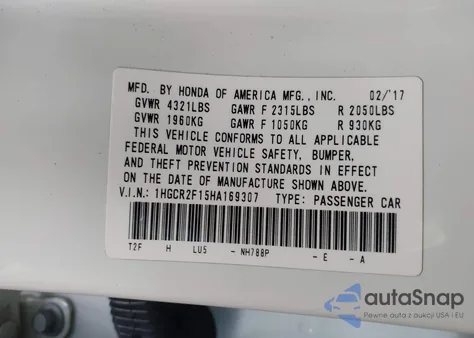 2017 Honda Accord Sport Se из США, поврежденный, VIN 1HGCR2F15HA169307